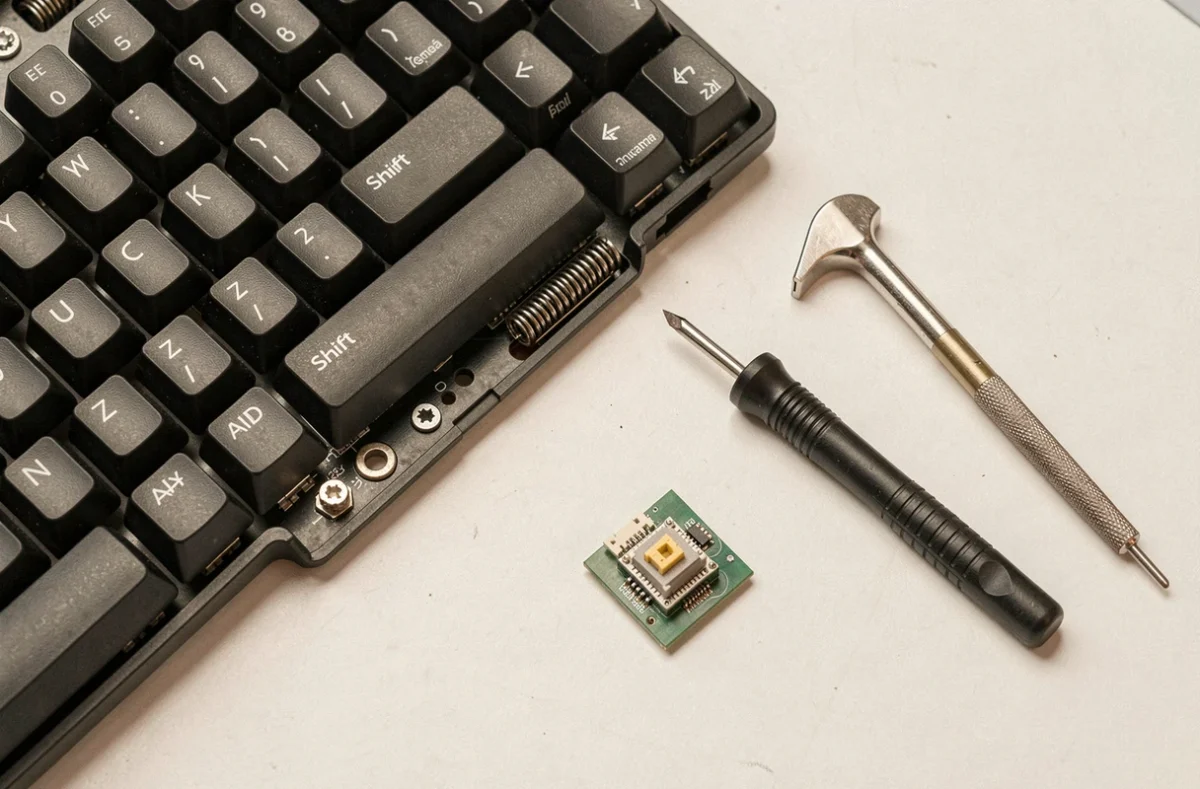 Démontage d'un clavier mécanique pour remplacer la touche Shift avec outil d'extraction visible