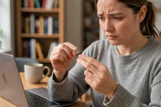 Femme inspectant une clé USB endommagée devant un MacBook ouvert sur un bureau en bois à domicile