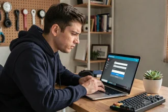 Jeune homme résolvant un problème d'activation de jeu vidéo sur un ordinateur portable dans un bureau moderne