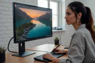 Photographe retoucheuse travaillant sur un écran OLED 27 pouces dans un studio créatif minimaliste