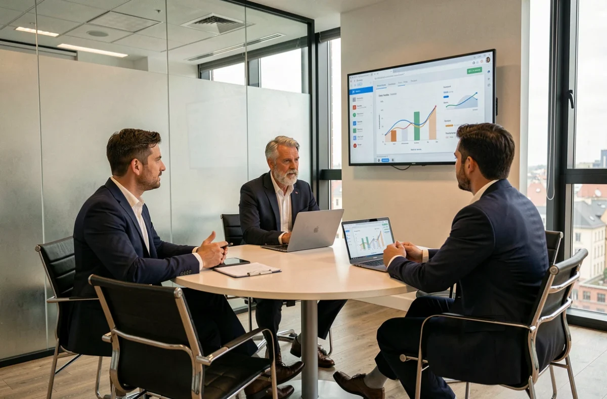Réunion de démonstration d'une solution SaaS B2B entre entrepreneurs roumains et client européen dans une salle de réunion vitrée