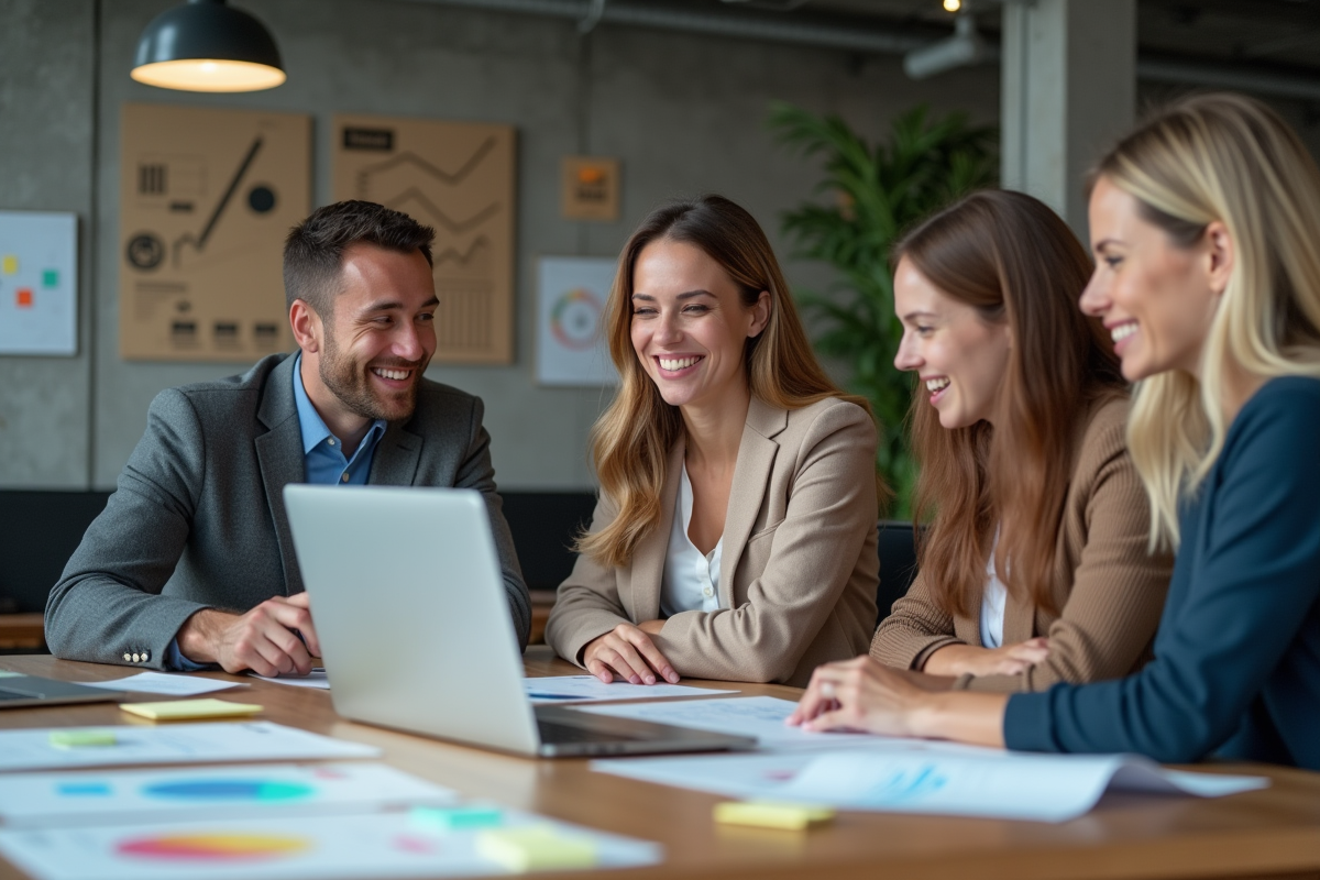 Groupe de professionnels en discussion dans un espace de travail ouvert