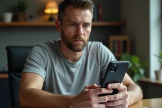Homme examinant son Google Pixel 6 avant de le revendre, assis à un bureau à domicile