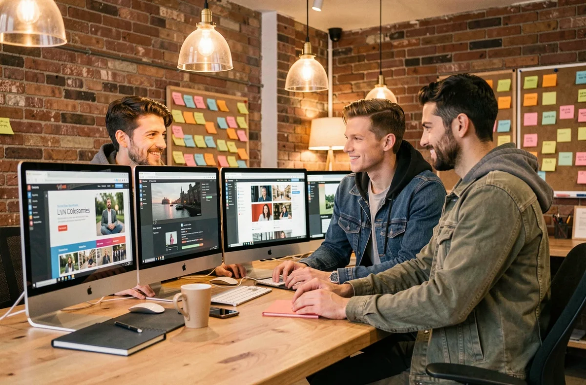 Équipe polyvalente de l'agence Rollingbox à Lyon collaborant sur des projets web variés dans un espace créatif