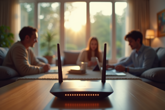 Salon familial moderne avec routeur WiFi lumineux et appareils