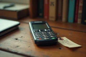 Samsung E250 mobile d'occasion posé sur un bureau en bois usé avec une étiquette de prix manuscrite