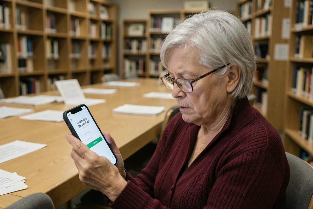 Femme senior en bibliothèque tentant de résoudre un problème d'activation de son compte eDocPerso sur smartphone