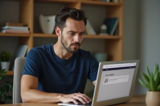 Homme frustré devant un message d'erreur de site web inaccessible sur son ordinateur portable