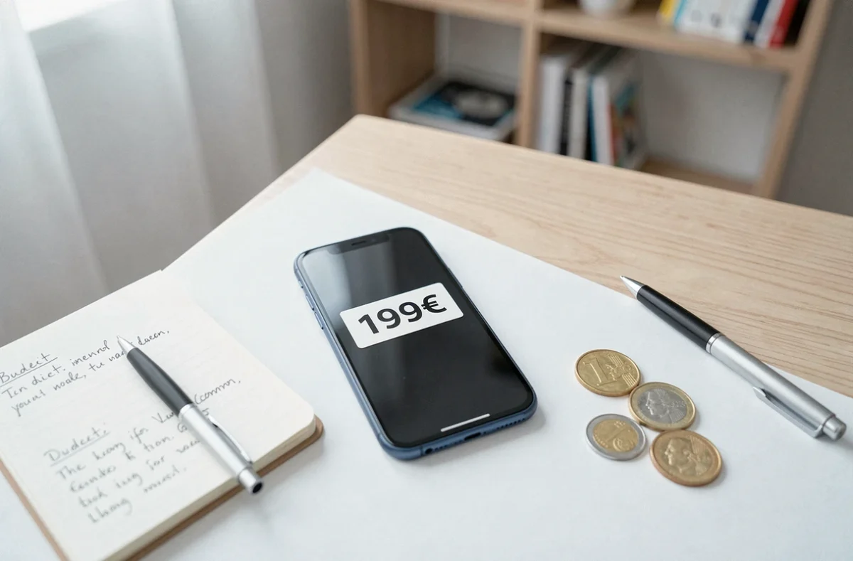 Smartphone à 199 euros posé sur un bureau avec des notes de budget manuscrites et des pièces de monnaie pour illustrer un achat malin