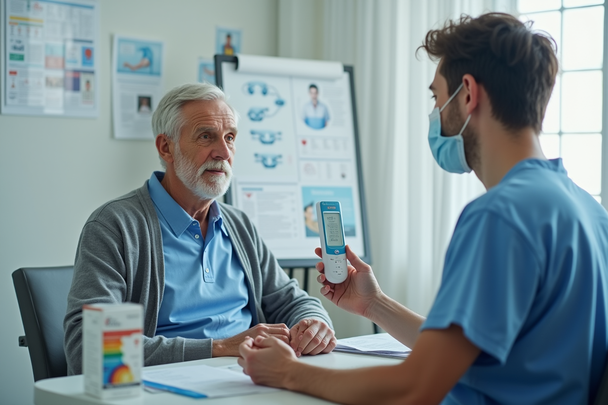 Infirmier montrant un test rapide à un patient âgé en consultation