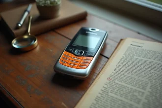 Sony Ericsson Walkman W800i en état collector posé sur un bureau en bois avec loupe et guide de collection