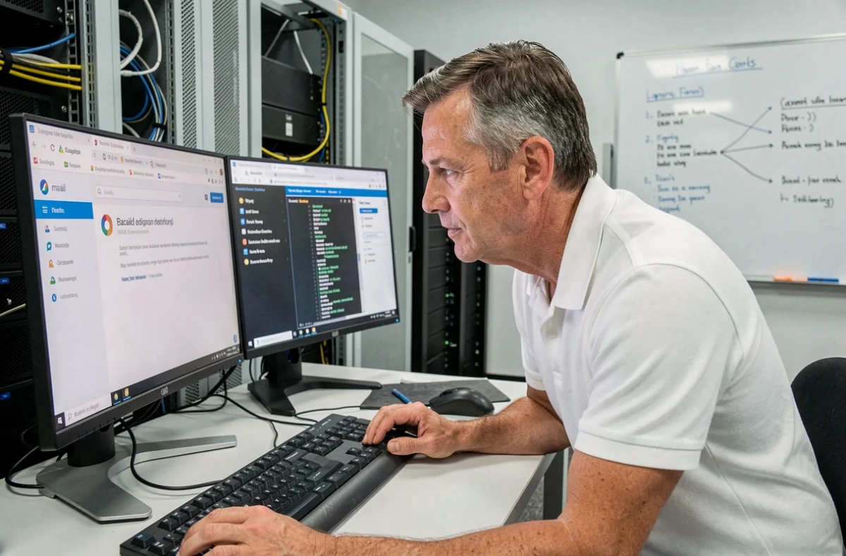 Technicien informatique diagnostiquant un problème de connexion à la messagerie académique Mel Ouvert Rennes sur des écrans d'ordinateur dans un bureau IT