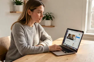 Femme utilisant un outil de téléchargement vidéo légal sur son ordinateur portable dans un bureau à domicile