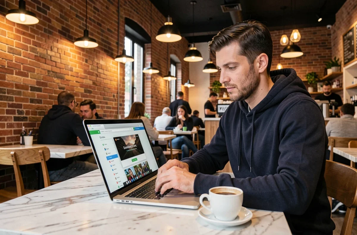 Homme téléchargeant une vidéo au format MP4 légalement depuis un café avec son ordinateur portable