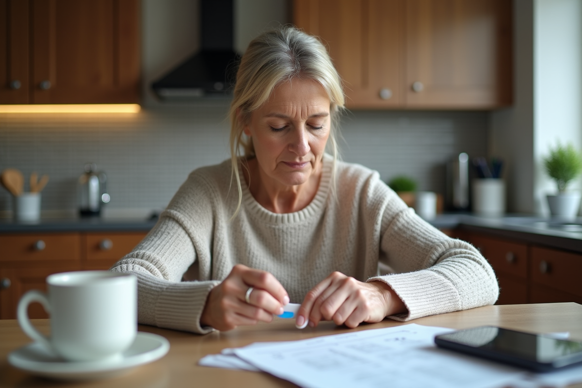 Femme effectuant un test rapide dans une cuisine moderne
