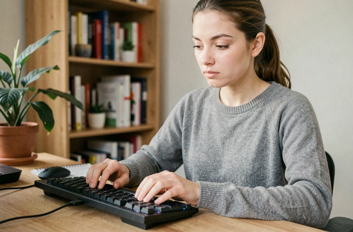 Femme utilisant la touche Shift sur un clavier mécanique dans un bureau à domicile
