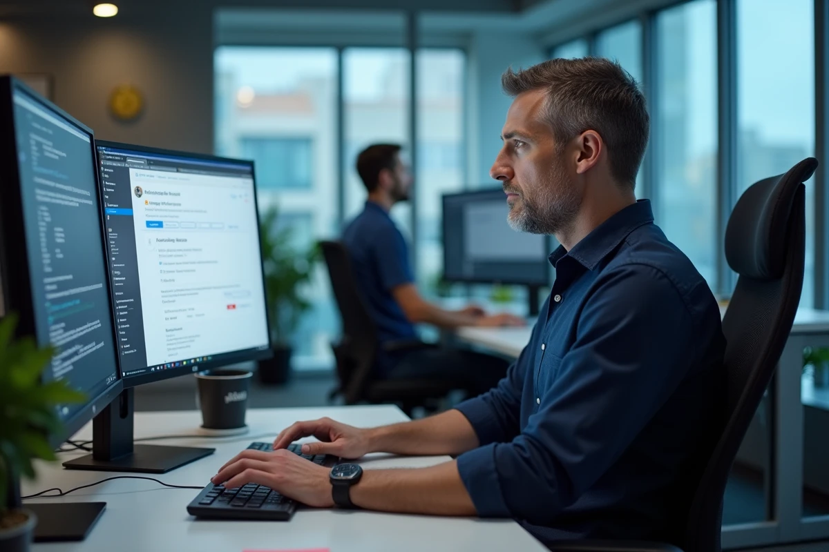 Homme vérifiant les paramètres de connexion webmail bloquée sur un poste de travail en open space