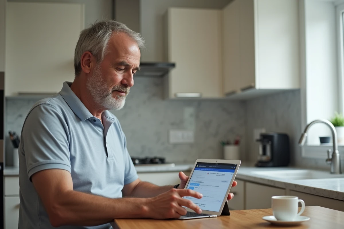 Homme vérifiant l'adresse IP de connexion 192.168.0.1 sur une tablette dans une cuisine moderne