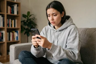 Jeune femme consultant discrètement une megastory Snapchat sur son smartphone depuis son canapé