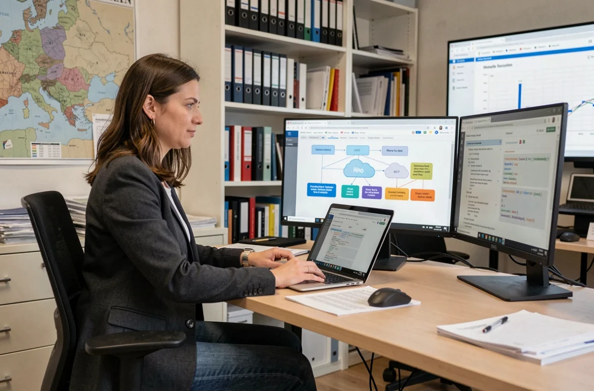 Ingénieure cloud d'Ypsi travaillant sur des diagrammes de migration d'infrastructure et d'intégration cloud pour une entreprise en Moselle